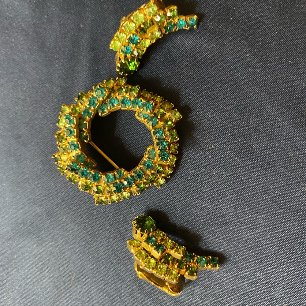 Gold and Blue Rhinestone Brooch and Earrings Set